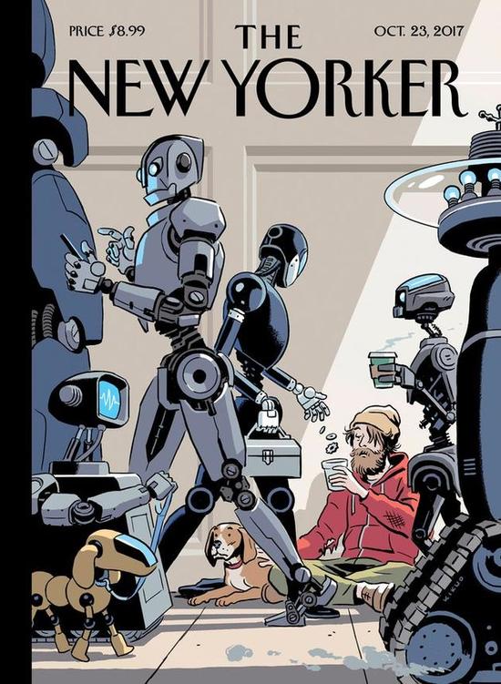 社交媒体疯传《纽约客》封面：人类今后向机器人乞讨