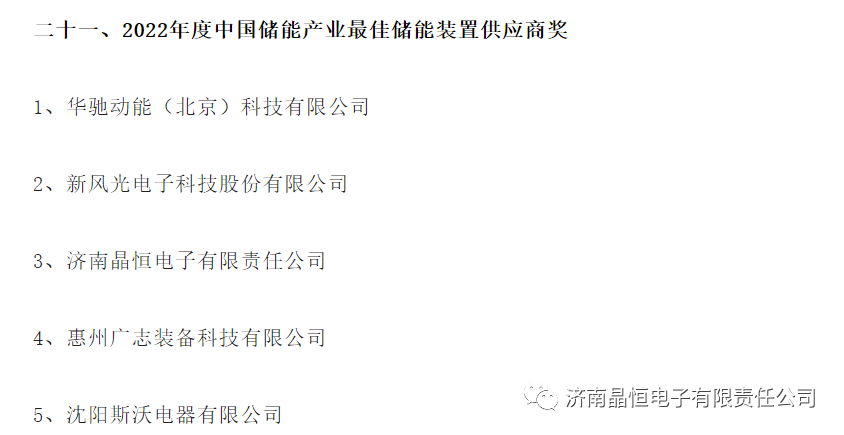 济南晶恒荣获“2022年中国储能产业最佳储能装置供应商奖”